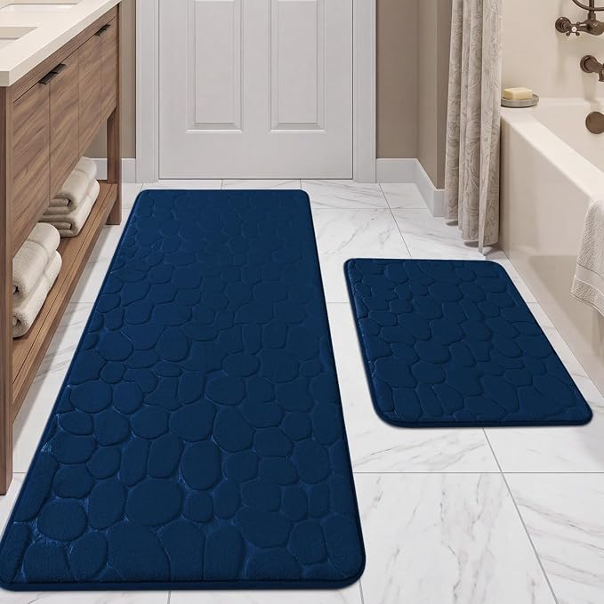 YIHOUSE Bathroom Rugs Mat Set, Memory Foam Bath Mat 2 Piece Navy Blue | 17x24&20x46, Non Slip, Water Absorbent, Washable, Bath Mat For Bathroom, Sink and Toilet