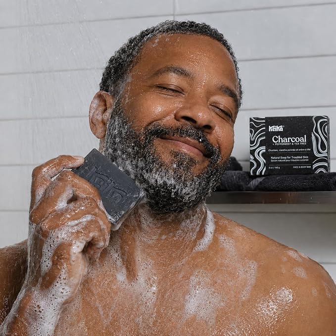 Keika Charcoal Black Soap Bar for Eczema, Psoriasis, Face, Body, Men Women Teens with Oily Skin, 5 oz. (Charcoal, 6-Pack)