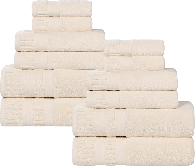 Superior Venice Zero Twist Cotton Medium Weight Towels, for Guest Bath, Bathroom, Shower, Spa, Plush Towels, Bath Essentials, Ribbed Textured Border, 12 Piece Assorted Towel Set, Ivory