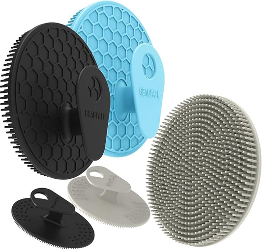 Silicone Body & Face Scrubber Set 5 Pack, BEAUTAIL Gentle Shower Scrubber | Hygienic Silicone Loofah, Easy-Grip Handle, Soft Exfoliating Bath Brush for Sensitive Skin, Women & Men (Black+Blue+Gray)