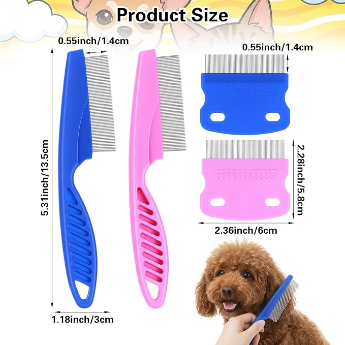 4 Pcs Flea Comb For Dogs Pets Grooming Kit Professional Stainless Steel Tear Stain Remover & Flea Lice Comb For Small Dogs Cats Pets Puppy Tick Grooming And Removing Knots Crust Mucus
