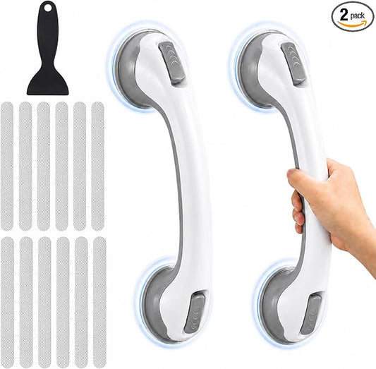 Grab Bars for Bathtubs and Shower,2 Pack 12" Bathroom Safety Handles with Strong Suction Cups, shower grips non slip stickers Balance Support for Shower & Bathtub, for Seniors Limited Mobility