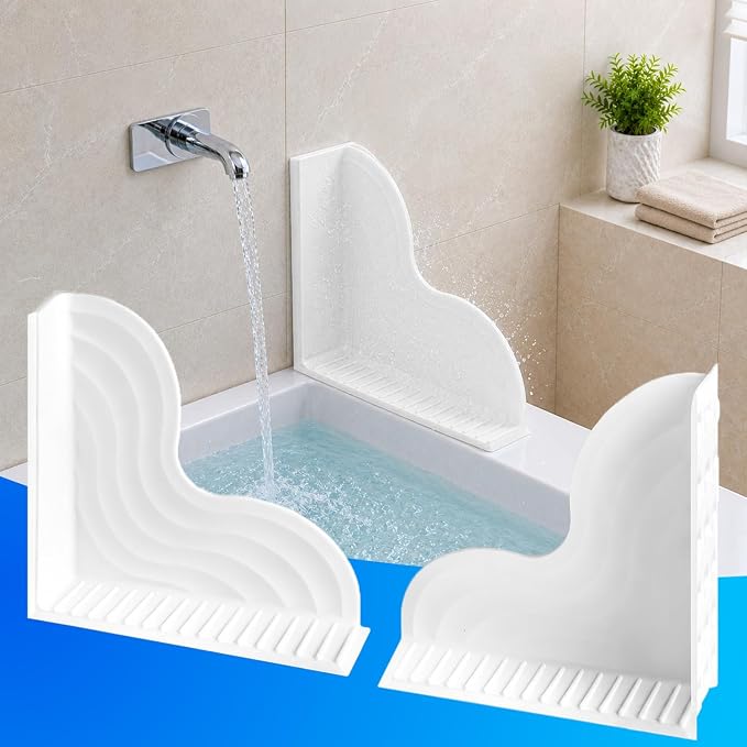 Vespara 2-Pack All-Silicone Shower Splash Guard Kit with Strong Suction Cups, Large Splash Guards for Bathtub, One-Piece Design Corner Guards to Keep Water in Shower or Bath (9.8x9.5inches) White