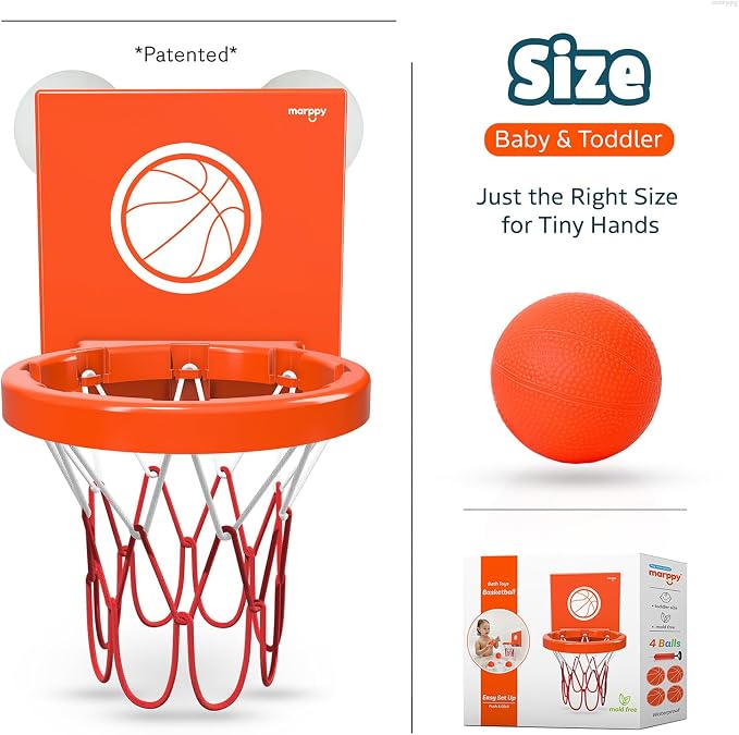 MARPPY Bath Toys - Bathtub Basketball Hoop for Toddlers Kids | Suction Cups Baby Mini Basketball Hoop with 4 Soft Balls | Fun Bath Toy for Boys and Girls