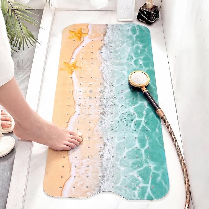 Breling Summer Beach Bathtub Mat Non Slip, 40 x 16 Inch Tub Mat for Bathroom, Starfish Bath Tub Shower Mats with Drain Holes and Suction Cups, Beach Ocean Themed Coastal Bathroom Decor