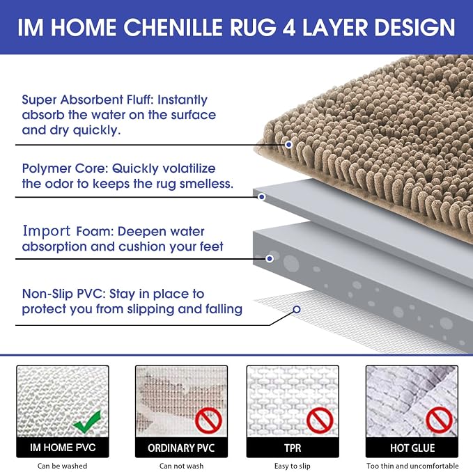 ACCUMTEK Striped Dark Beige Bathroom Rug Mat 48"x17" Ultra Soft, Non Slip Chenille Bath Rugs, Absorbent Plush Shaggy Bath Mats for Bathroom, Bedroom, Kitchen, Shower, Tub,Taupe