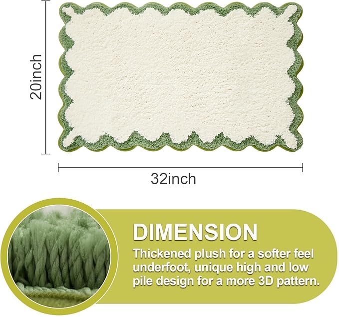 ORTIGIA Scalloped Green Bath Mat Non Slip Washable for Bathroom, Quick Dry Absorbent Plush Microfiber Bath Mats, White and Green Bathmat for Bathtub Shower, Floor Carpet for Sink Bedroom, 20x32