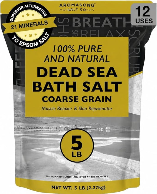 Aromasong Dead Sea Bath Salt - 100% Pure & Natural Dead Sea Salts for Soaking Coarse Grain 5 LB - Bulk Resealable Pack (Packaging May Vary) Used for Body wash Scrub - Soak for Women & Men.