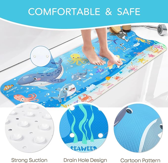 SHUCHING Baby Bath Mat for Tub Non Slip-40x16 Inch, Blue Ocean Animal | Bathtub Mat for Kids & Toddler Mold Free, Long Shower Mat for Inside Shower with Suction Cup, Machine Washable