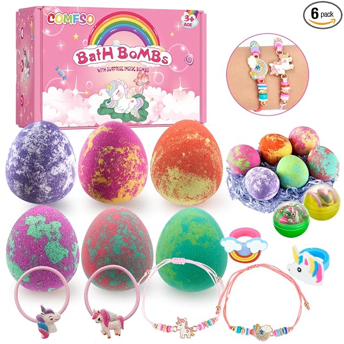 Easter Bath Bombs for Kids with Surprise Inside- Dino Egg Bath Bombs for Girls, 6 Pcs Bubble Bath Bomb, Dinosaur Bathbombs Gift Set, Unicorn Jewelry for Girls, Birthday Gifts, Easter Basket Stuffers