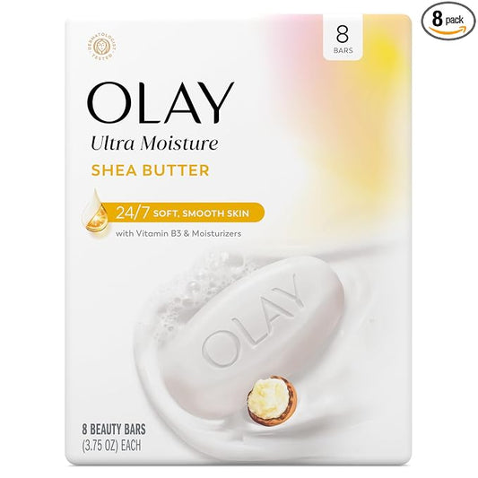 Olay Beauty Bar, Ultra Moisture,10x More Moisturizers, 24/7 Soft & Smooth Skin, Gentle Cleanse on Face & Body, Vitamin B3 Complex, For All Skin Types, Shea Butter Scent, 3.75 oz, (Pack of 8)