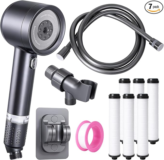 Handheld Filtered Shower Head - High Pressure 4-Spray, 7 Filters, 59" Hose & 2 Brackets, for Hard Water, Pet & Tile, Thick ABS