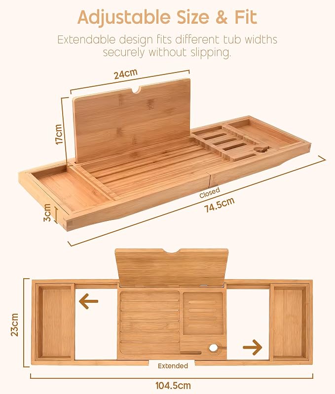 Bathtub Tray Caddy Expandable, Foldable Bath Tray, Bathtub Trays for Tub with Book, Wine Glass Holder, Anniversary House Warming Gifts, Relaxation, Bathroom Accessories, Fits Most Bathtubs Sizes