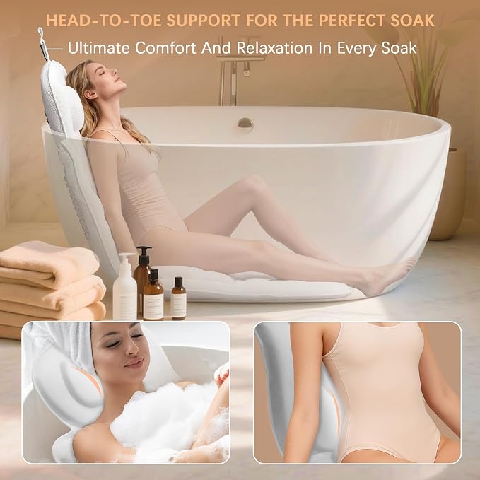Full Body Bath Pillow for Bathtub - Thick Bathtub Cushion, Bathtub Pillow with 114 Suction Cups, 5D Air Mesh Bath Pillows for Tub Full Body, Head Neck Back Support, White 59 x 20 in