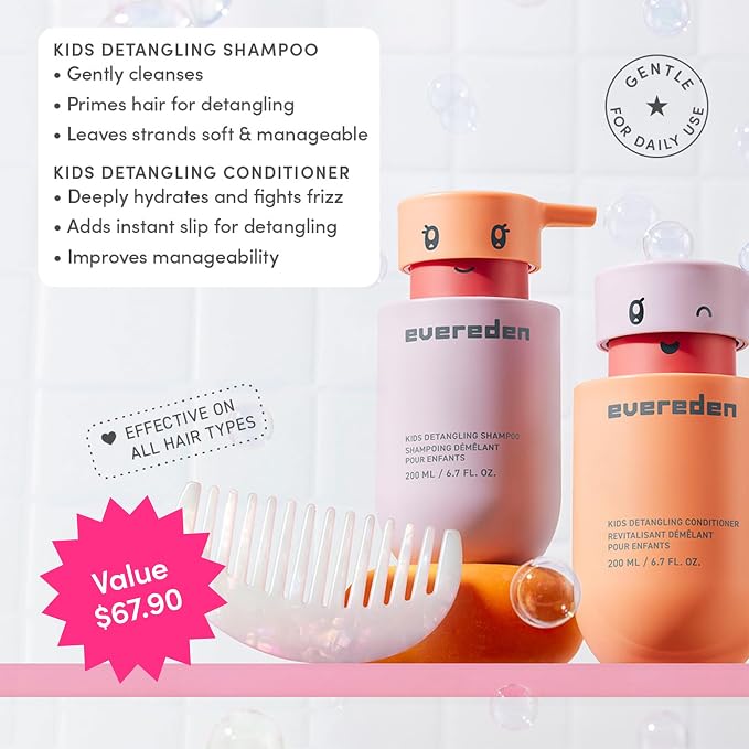 Evereden Kids Haircare Set: Hair Detangling Shampoo & Conditioner for Children Ages 3+, Plant Protein Peptides & Argan Oil, Vegan, Free from Sulfate, Paraben, Phthalate & Petrolatum (Pack of 2)