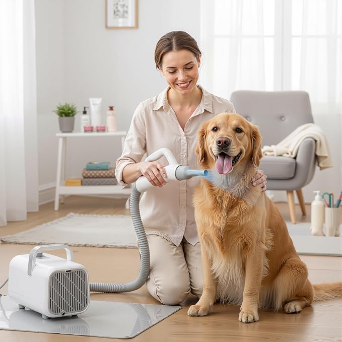 DUMOS Dog Blow Dryer Grooming Vacuum Kit, Cat Dog Hair Dryer with Adjustable Wind Speed & Heater Temperature, Cool-Warm-Hot Cycle Mode, 4 Nozzles, 6.5FT Cord for Low Noise Pet Hair Remover - White