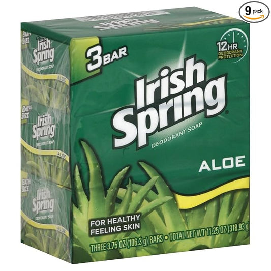 Irish Spring Aloe Mist Deodorant Bath Bar, 3.7 oz, 3 ct x 3 Packs (Total of 9 Bars of Soap/Packaging May Vary)