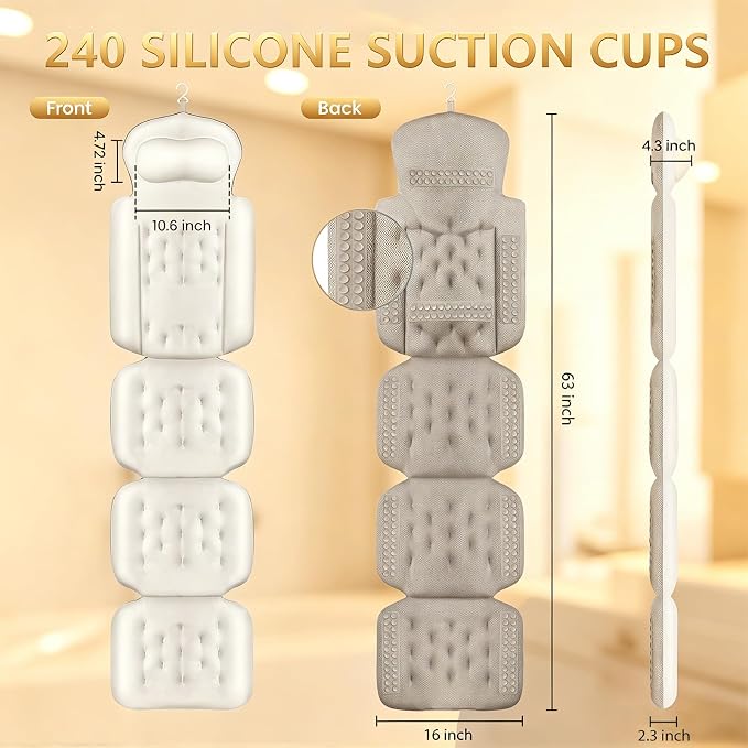 Full Body Bath Pillow, Luxury Bath Cushion with 192 Suction Cups, Bath Pillows for Tub for Head and Neck Support, with Laundry Bag White, 63" x 16"