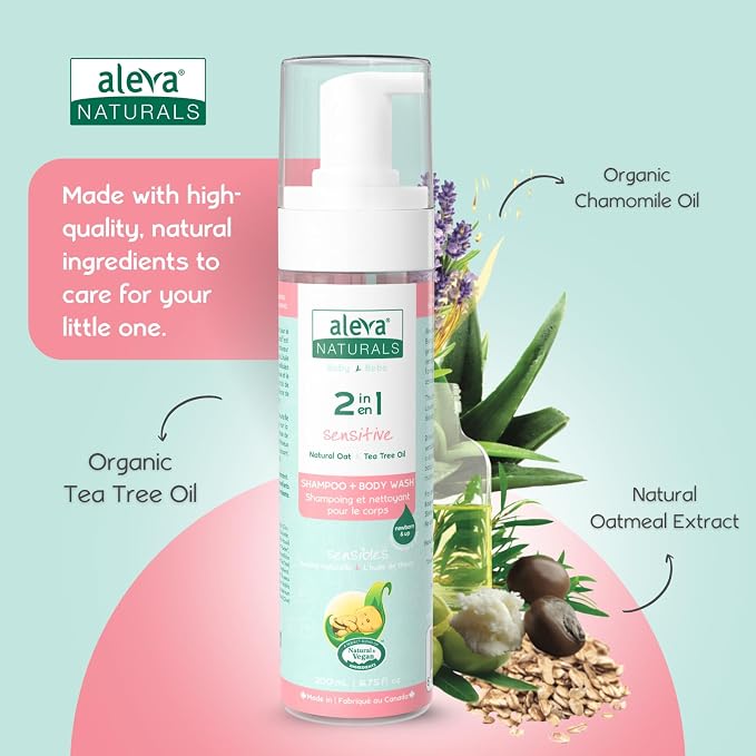 Aleva Naturals Hypoallergenic 2 in 1 Hair and Body Wash | Tea Tree Oil Formula | For Sensitive Skin | Perfect for Newborn Babies and Toddlers - 200ml