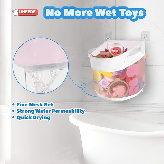 UNEEDE Bath Toy Organizer,1.55 Gallons Bathtub Toy Storage Organizer,Quick Access Bath Toy Holder for Bathtub,Baby Organizer and Storage,Quick Dry Baby Toy Storage for Tub,Mesh Shower Caddy(Pink)