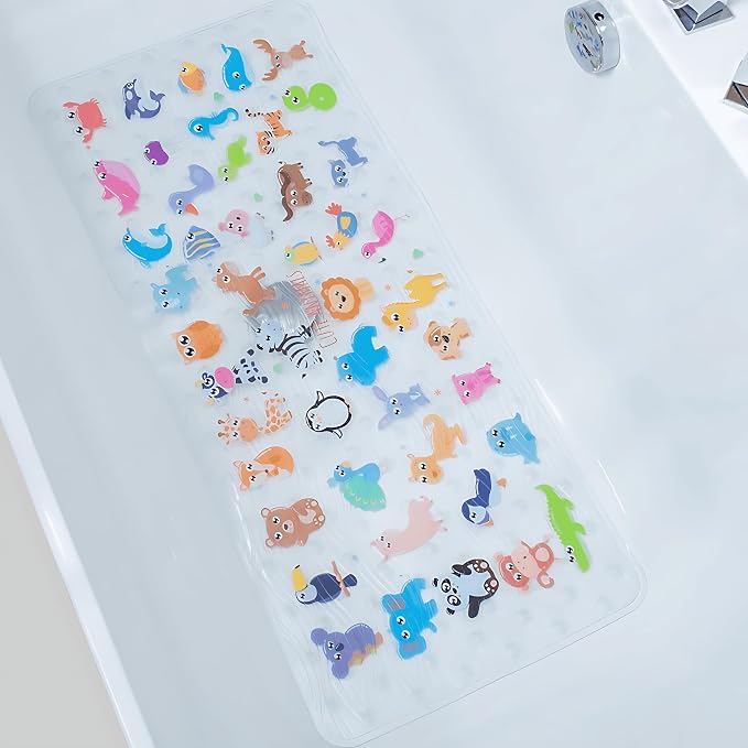 BEEHOMEE Bath Mats for Tub Kids,Baby Toddler - Large Cartoon Non-Slip Bathroom Bathtub Anti-Slip Shower Mats for Floor 35x15,Machine Washable XL Size Bathroom Mats (Zoo)