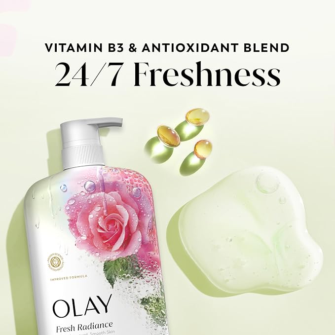 Olay Body Wash for Women, Fresh Radiance, 24/7 Skin-Loving Freshness, Visibly Radiant, Plant Based Cleansers, Vitamin B3 & Antioxidant Blend, All Skin Types, Rose Water & Sweet Nectar Scent, 29 fl oz
