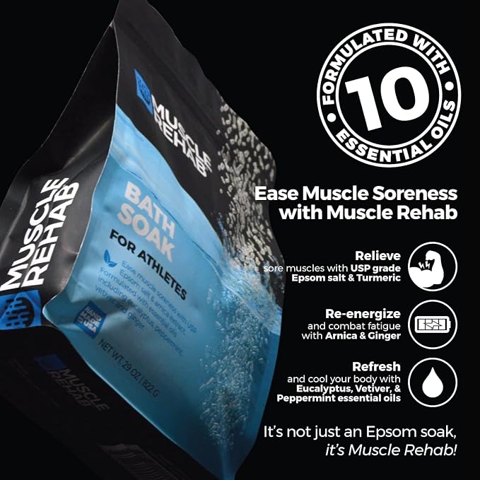 Muscle Rehab Epsom Salt Bath Soak 2 Pack 29 oz with Arnica - Fast-Dissolving Bath Salts for Muscle Relief and Recovery - Cooling Formula - Made in USA