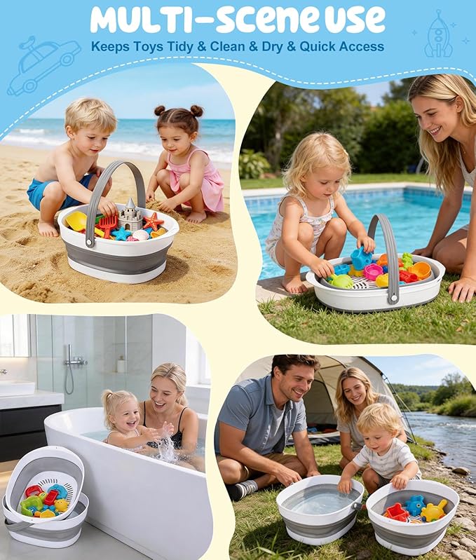 WADEO Large Bath Toy Storage Basket, 2-in-1 Foldable Bathtub Toy Holder, Removable Quick Dry Bathroom Pool Toys Organizer