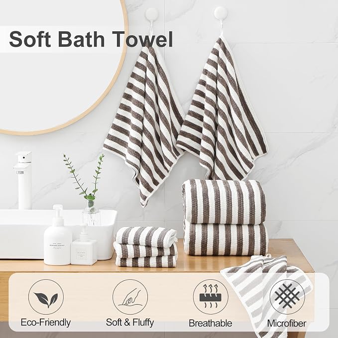 Smuge 18 Pcs Bath Towel Set, Include 6 Bath Towel Sheets, 6 Hand Towels and 6 Washcloths - Highly Absorbent Quick Dry Microfiber,Ultra Soft Bathroom Towel Set with Hanging Loop - Dark Coffee