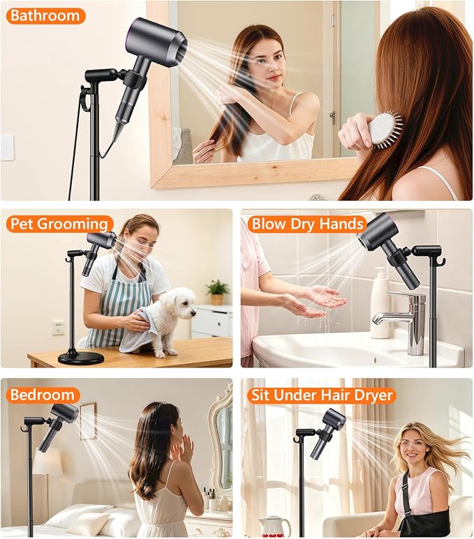 Hair Dryer Stand Hands Free, 360° Rotation Black | Anti-Slip Stable Base, Aluminum Alloy, Adjustable Height 17-51 Inch, For Families & Pet Grooming & Salon