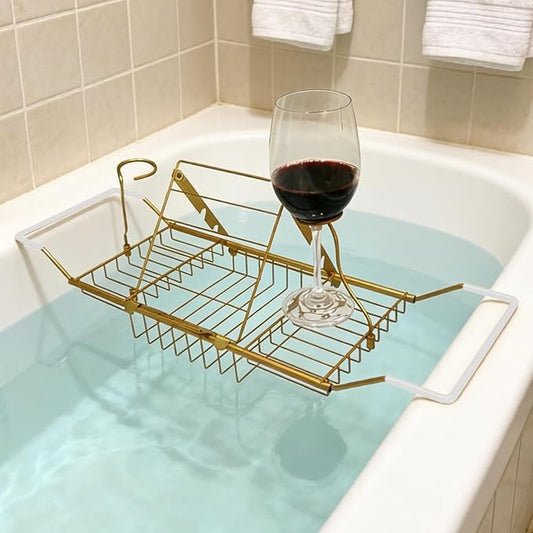Bathtub Caddy Tray, Expandable Bath Tub Table with Removable Book Holder Red Wine Rack Holder, for Home Kitchen Bathroom,Gold