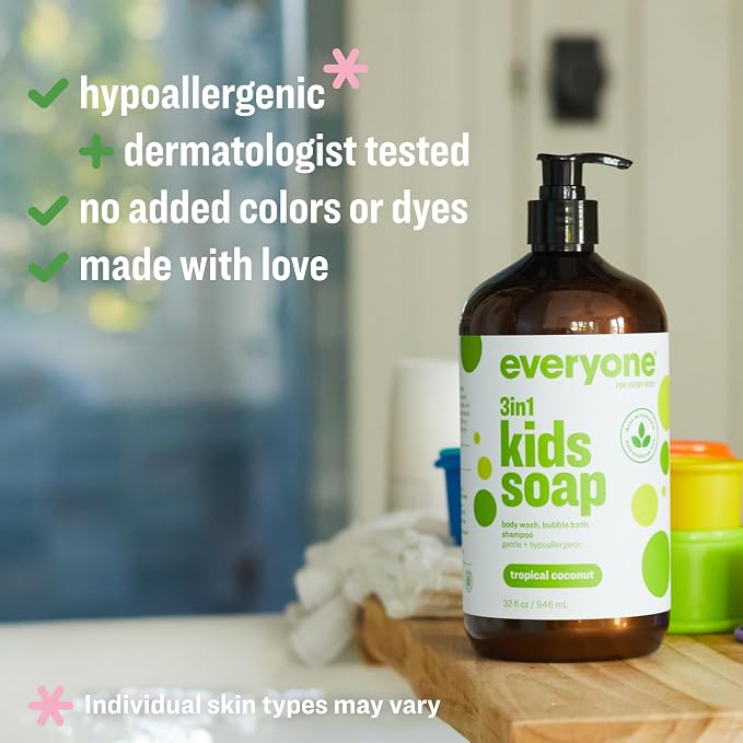 Everyone 3-in-1 Kids Soap, Body Wash, Bubble Bath, Shampoo, 32 Ounce (Pack of 6) Tropical Coconut, made with Essential Oils for Toddlers, tweens and teens