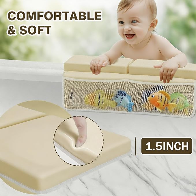 Water-Resistant Baby Bath Kneeler and Elbow Rest Pad Set, Soft Painless Tub Kneeling Pad for Bathing Baby with Toy Pocket Bathtub Knee Cushion Mat for First Time Mom Newborn Bath Time Essentials