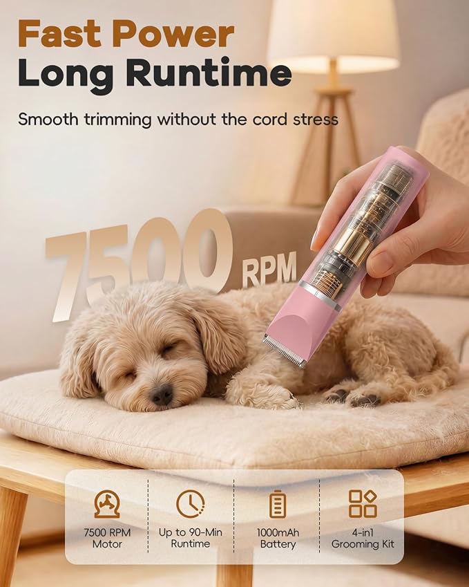 Veeconn Dog Grooming Clippers Kit-Electric Rechargeable Cat Trimmer Tools-Cordless Quiet Pet Nail Paw Grinder-4 in 1 Multifunctional Low Noise Shaver-Razor for feet Face Ears Toenail Eye (Pink)