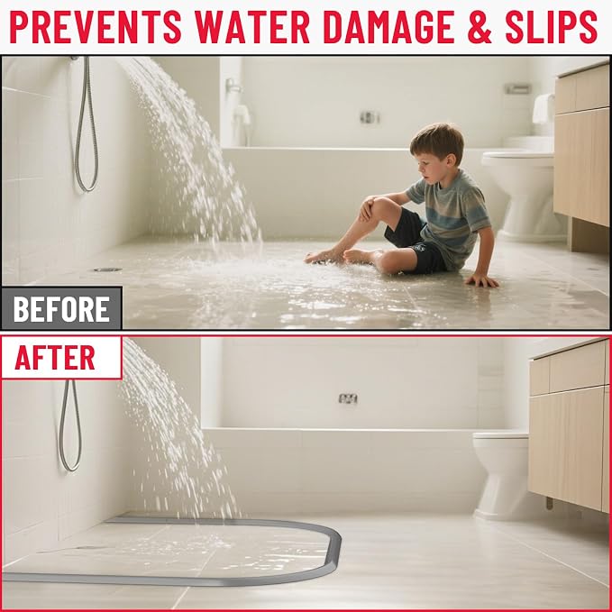 Collapsible Shower Threshold Water Dam - 67in Self-Adhesive Silicone Barrier for Wet-Dry Separation - Flexible Splash Guard for Walk-In Showers, Bathroom Floor, & Kitchen Sink - ADA Accessible Profile