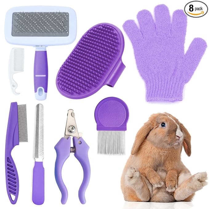 VCZONE 8 Pcs Small Animal Grooming Kit, Rabbit Grooming Kit with Pet Nail Clipper and File, Flea Comb, Pet Shampoo Bath Brush, Pet Shedding Slicker Brush, Bath Massage Glove, Cleaning Comb (Purple)