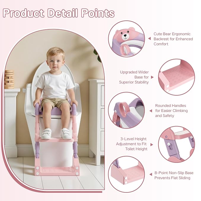 Potty Training Seat, 2-in-1 Toddler Toilet Training Seat & Potty Chair for Kids Boys Girls, Height Adjustable Toilet Seat with Splash Guard, Stable Wide Base Design, Anti-Slip Steps Stool