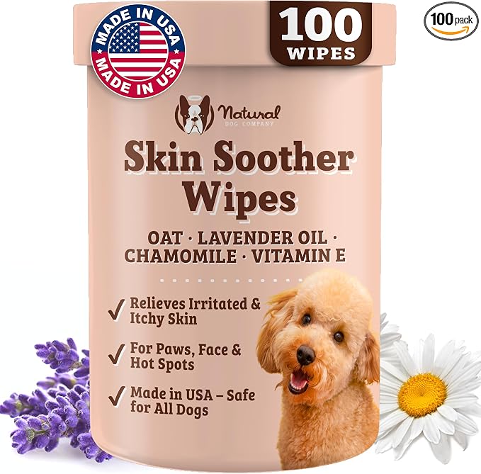 Natural Dog Company Skin Soother Wipes, 100 Count, Pet Wipes for Dogs, Hypoallergenic Formula, Dog Moisturizer for Dry Skin, Grooming Wipes for Dogs, Pet Itch Relief for Dogs
