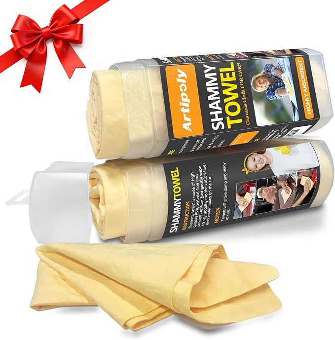 ARTIPOLY Premium Shammy Cloth for Car Drying 2pk (26”x17”)-Super Absorbent Chamois Towel for Car-Reusable Shammy Towel for Car, Bathroom,Pets, Dust Remove, No Spots/Streak/Scratch