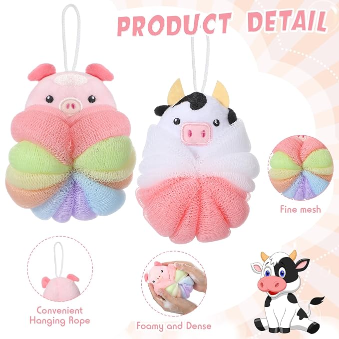 Nuenen 2 Pcs Bath Loofahs Kids Toddler Cute Cartoon Bath Sponges Loofah Pouf Body Scrubber Mesh Sponges for Children Shower Washing Exfoliating(Calf, Pig)