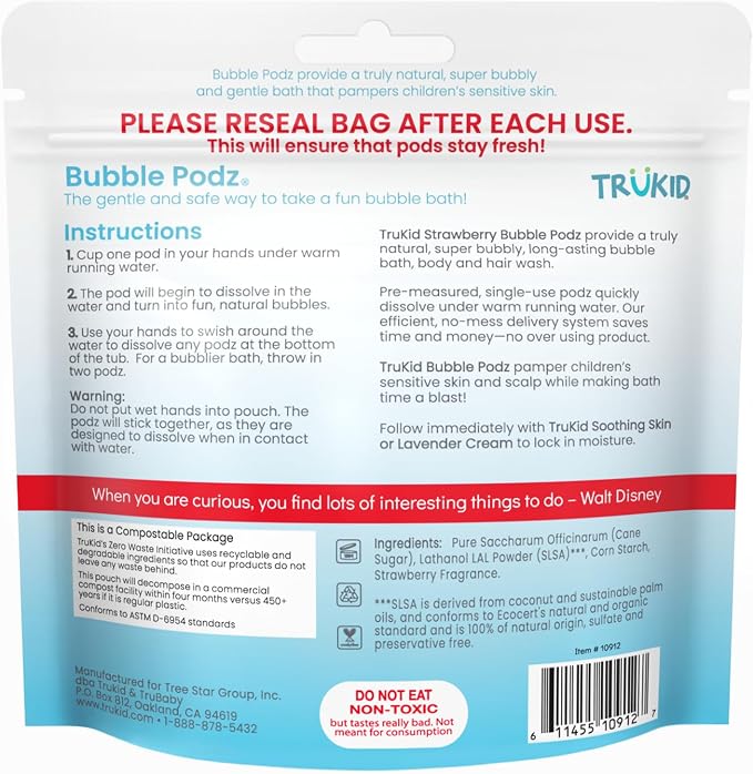 TruKid Bubble Podz Bubble Bath for Kids, Toddlers, & Babies, Tear Free Gentle & Refreshing Bath Bomb for Sensitive Skin with Natural Moisturizers, Non-Toxic, pH Balanced, Strawberry Scent (10 Podz)