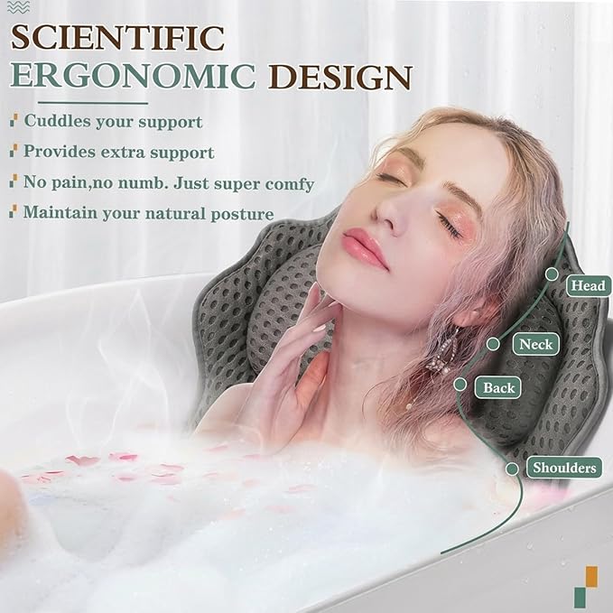 Bath Pillow RUVINCE Ergonomic Luxury Bathtub Pillow with Head,Neck, Shoulder and Back Support, 4D Bath Pillows for tub with 6 Powerful Suction Cups, Fits All Bathtub