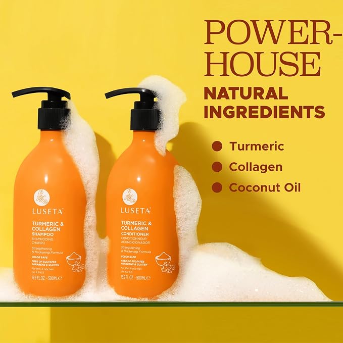 Luseta Volumizing Shampoo and Conditioner Set for Thin Fine Hair - Thickening & Plumping with Turmeric & Collagen, Lightweight Body Building for Flat Limp Hair, Sulfate-Free (2 x 16.9oz)