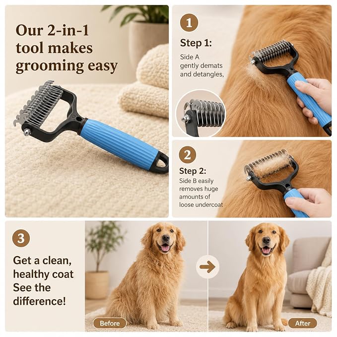 Pet Grooming Brush, Double-Sided Deshedding Dematting Tool for Dogs & Cats, Detangling Tool For Matted Fur, Ideal For Medium Or Long Haired Breeds (2Mix)