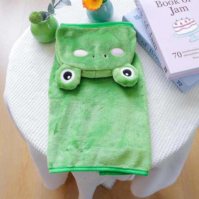 Dog Bathrobe with Hood Super Absorbent Soft Quick Drying Towel Wrap Adjustable Puppy Cat Bath Robe Towel for Cold Weather Beach Pool (Green Frog, Medium)