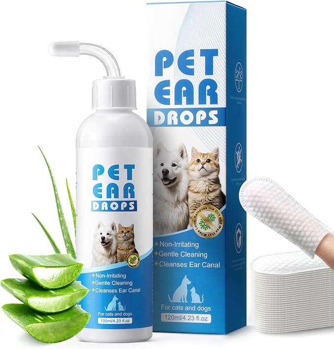 Dog Ear Cleaner with 50 Dry Finger Wipes – Plant-Based Gentle Ear Solution for Dogs & Cats, Helps Remove Wax & Odor, Comfortable Cleaning for Sensitive Ears, 4.06 fl oz