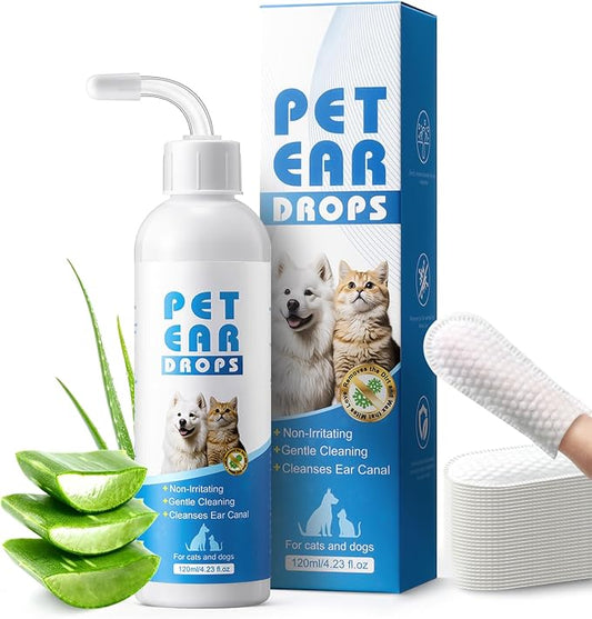 Dog Ear Cleaner with 50 Dry Finger Wipes – Plant-Based Gentle Ear Solution for Dogs & Cats, Helps Remove Wax & Odor, Comfortable Cleaning for Sensitive Ears, 4.06 fl oz