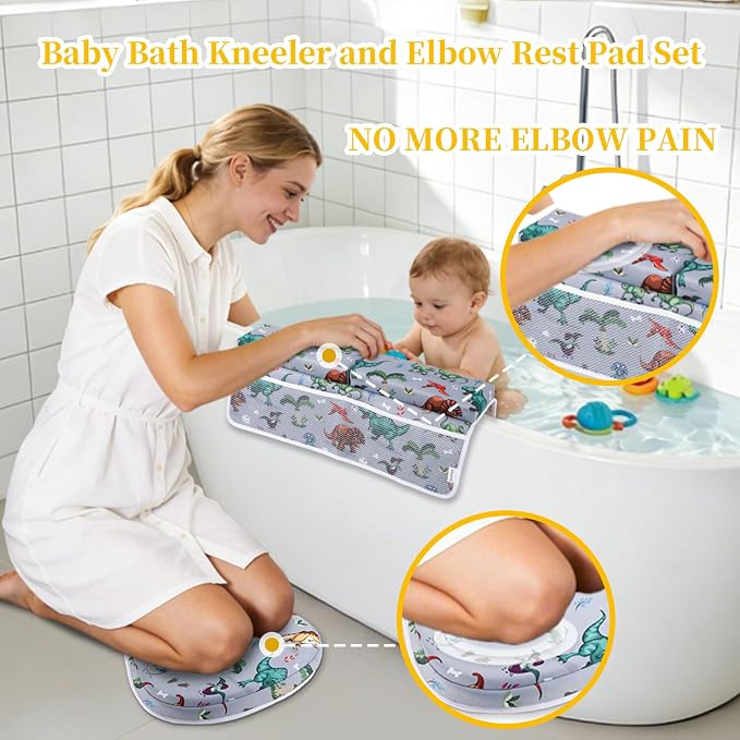 Bath Kneeler and Elbow Rest Pad Set, Dinosaur Design 1.5" Thick Comfortable Kneeling Cushion with Organizer Pockets - Quick Drying, Foldable, Non-Slip for Bathing Time
