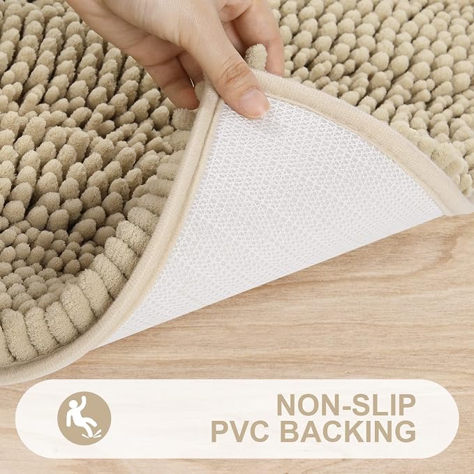 Grandaily Chenille Striped Bathroom Rugs 59x20, Extra Thick and Absorbent Bath Mats, Non-Slip Soft Plush Shaggy Shower Carpet, Machine Wash Dry, Bath Rug for Bathroom, Beige