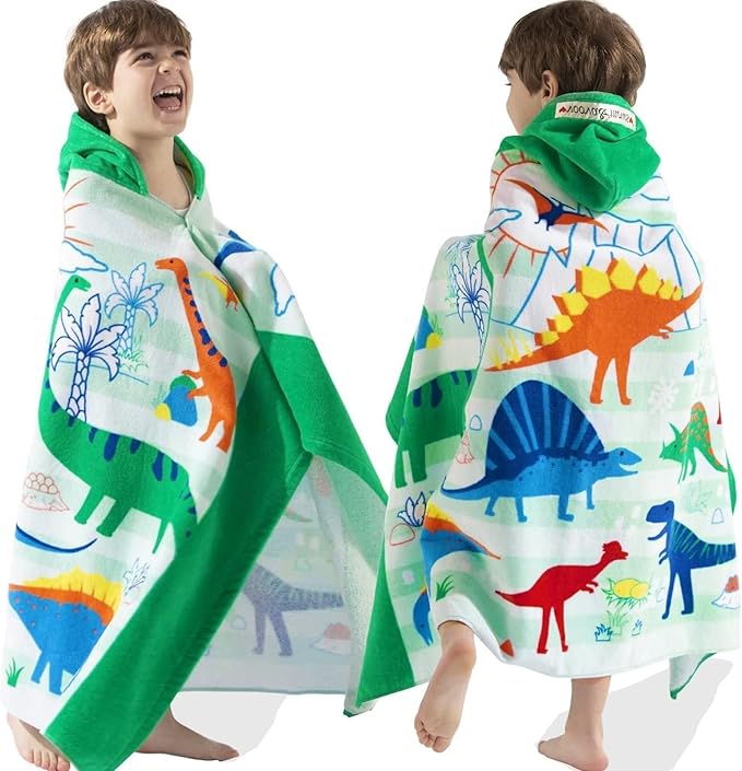 VOOVA & MOVAS Dinosaur Hooded Beach Towel for Kids Age 3-8, Large 30"x50" 100% Cotton Ultra Absorbent Wearable Wrap, Bath Towel for Beach Pool Swim, Birthday Gift for Kids